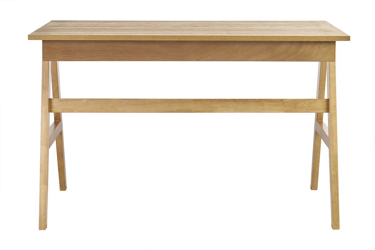 Bureau design en bois clair avec 2 tiroirs et pieds trteaux L120 cm.