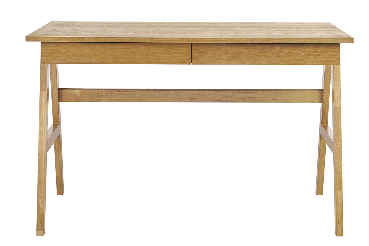 Bureau design bois clair hva avec 2 tiroirs de rangement et pieds en trteaux, L120 cm BROOK.