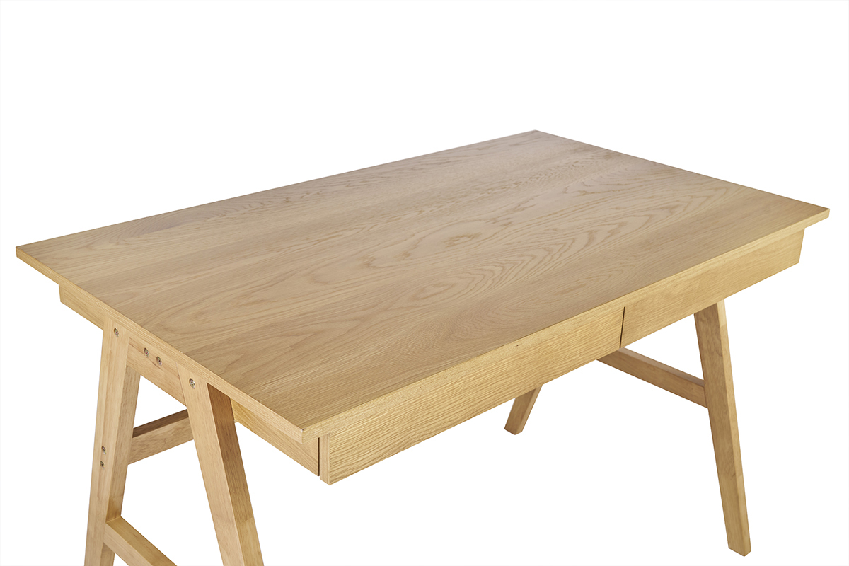 Bureau design en bois clair avec 2 tiroirs intgrs et pieds en trteaux