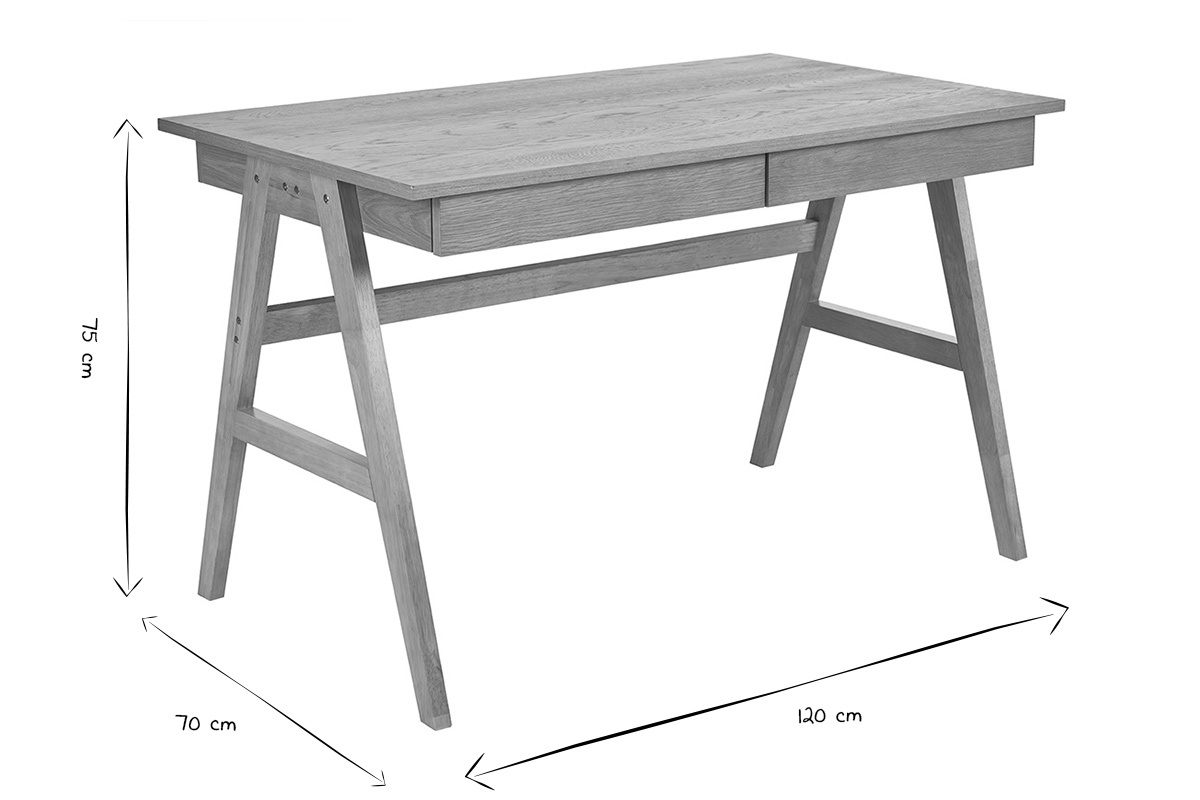 Bureau design en bois clair hva avec dimensions L120 x P70 x H75 cm et 2 tiroirs de rangement intgrs.