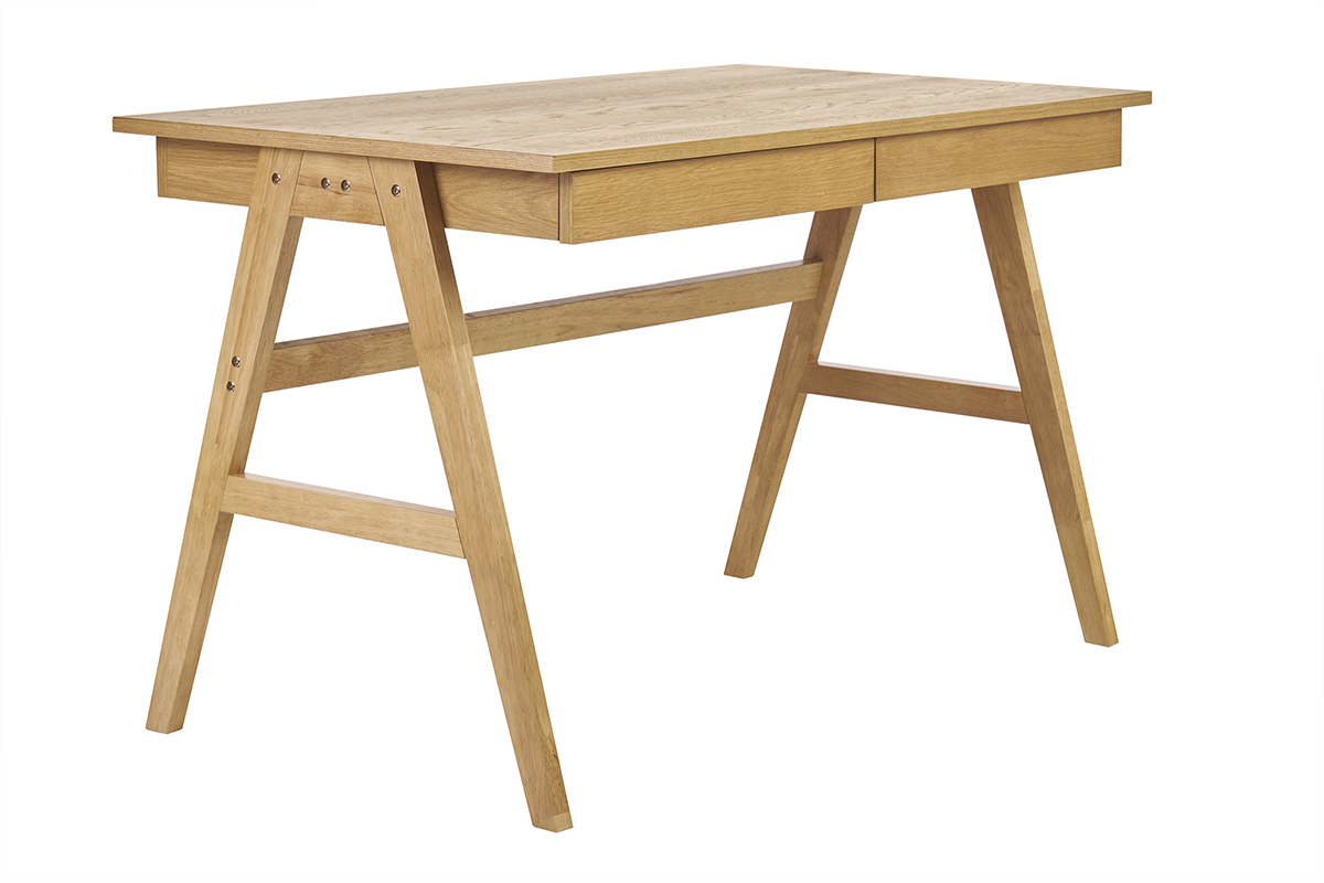 Bureau en bois clair hva avec 2 tiroirs et pieds en trteaux, L120 cm