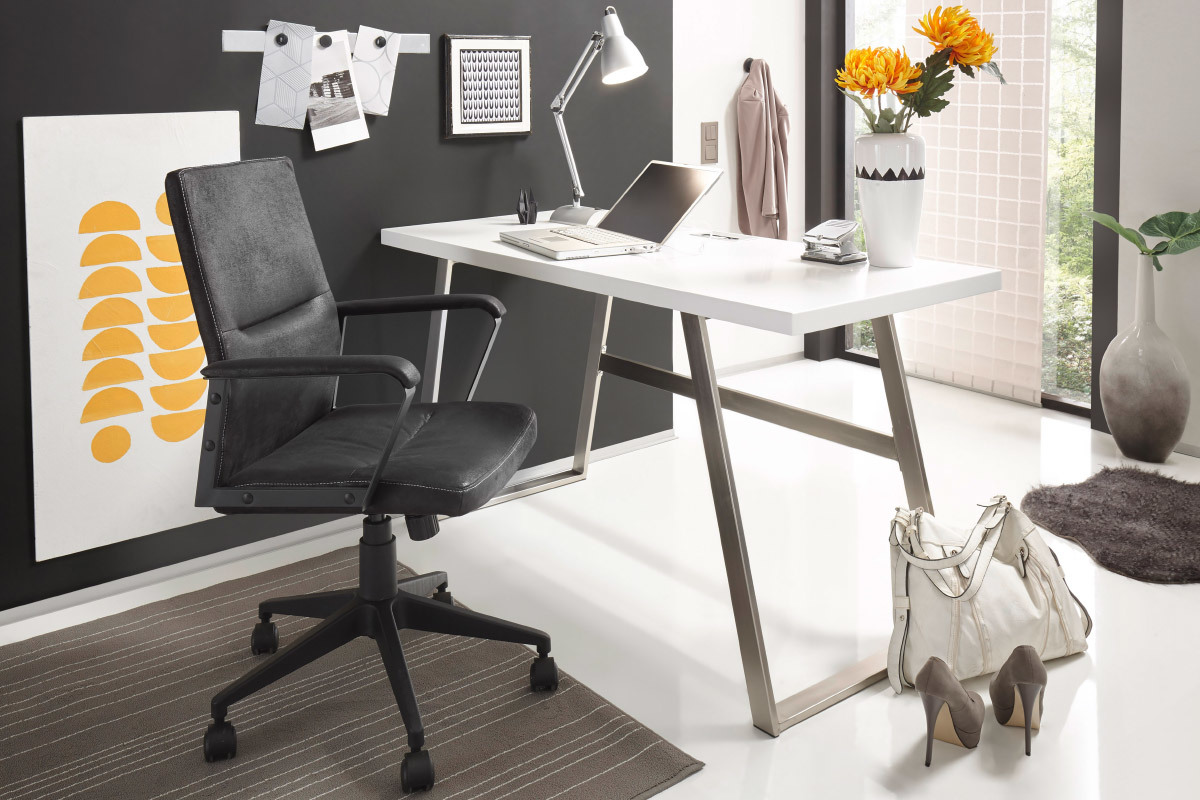 Bureau design blanc mat et m�tal bross� STYLO