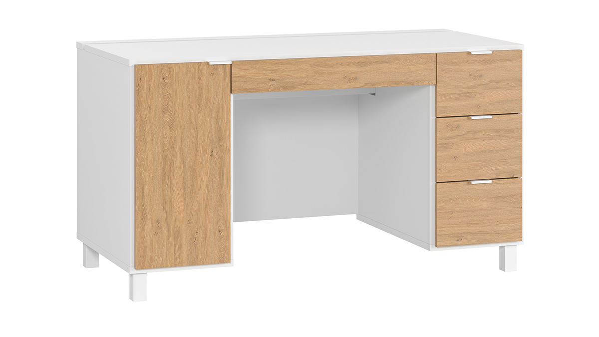 Bureau design bois et blanc avec caisson et tiroirs L140 cm GALLO