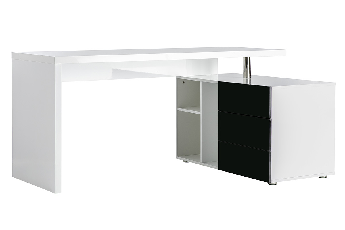 Bureau design laqu brillant blanc et noir avec rangements  droite MAXI