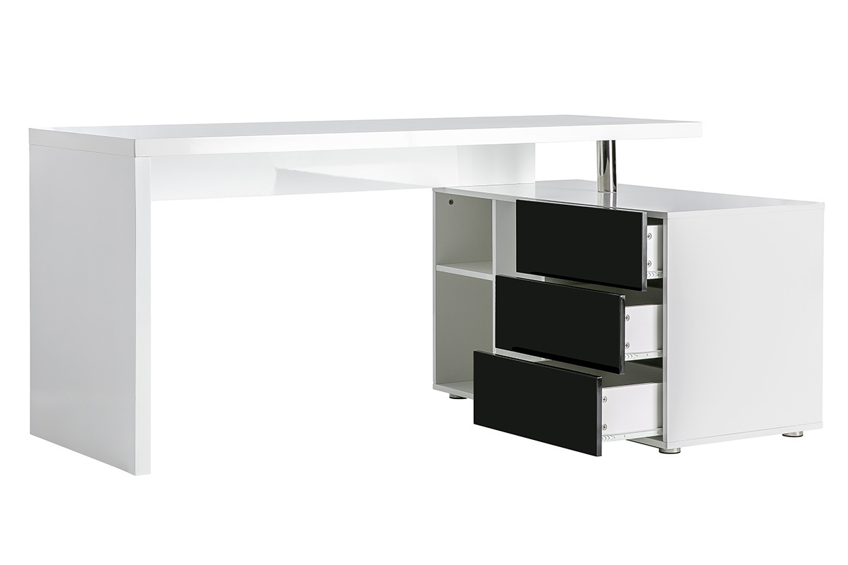 Bureau design laqu brillant blanc et noir avec rangements  droite MAXI