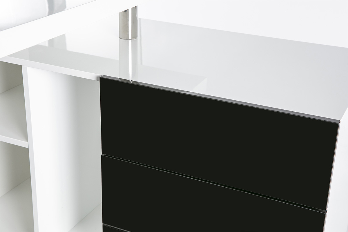 Bureau design laqu brillant blanc et noir avec rangements  droite MAXI