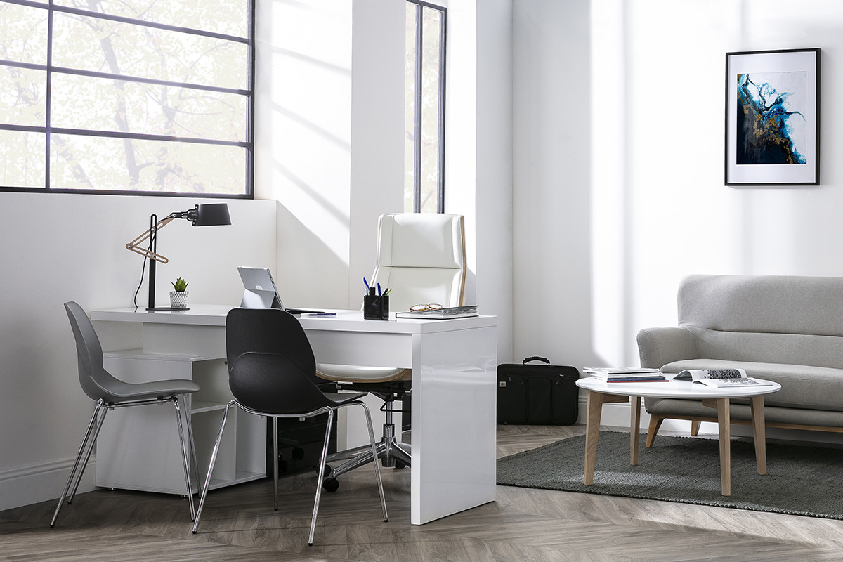 Bureau design laqu brillant blanc et noir avec rangements  droite MAXI
