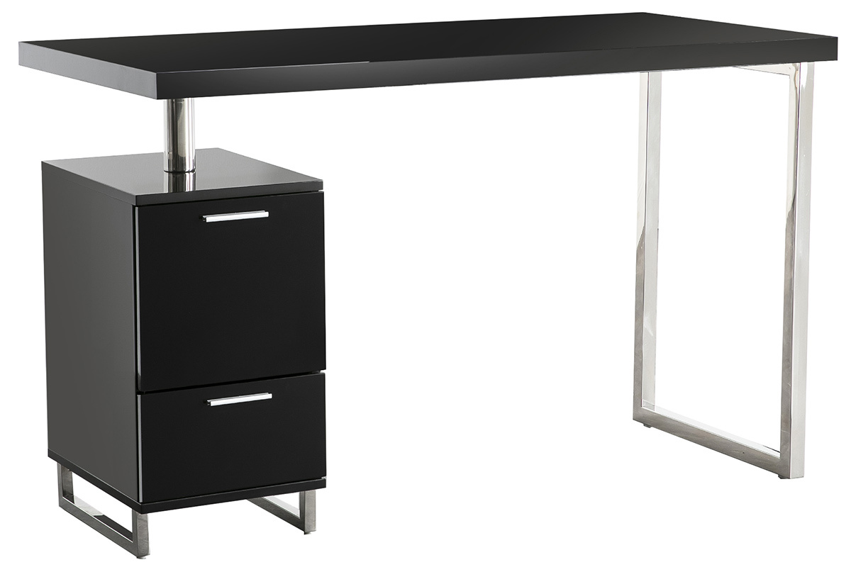 Bureau design laqu� brillant noir 2 tiroirs LEXI