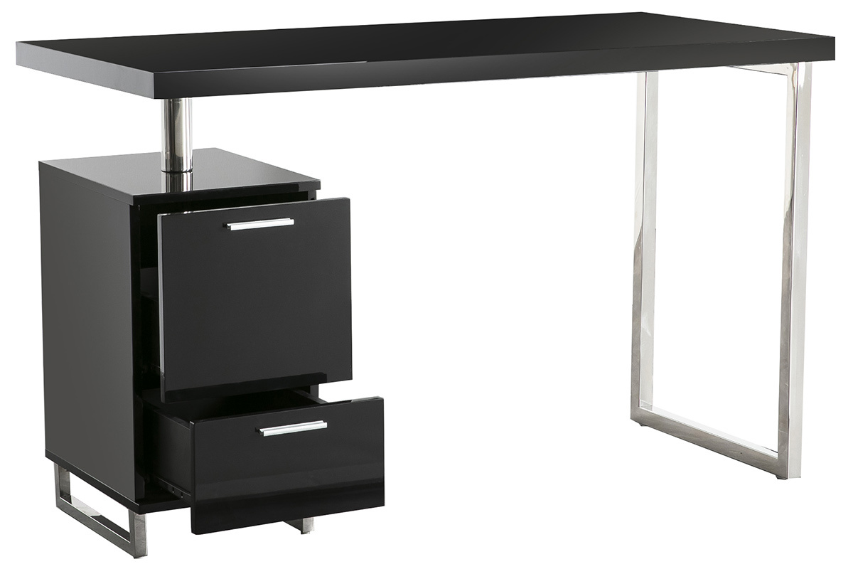 Bureau design laqu� brillant noir 2 tiroirs LEXI