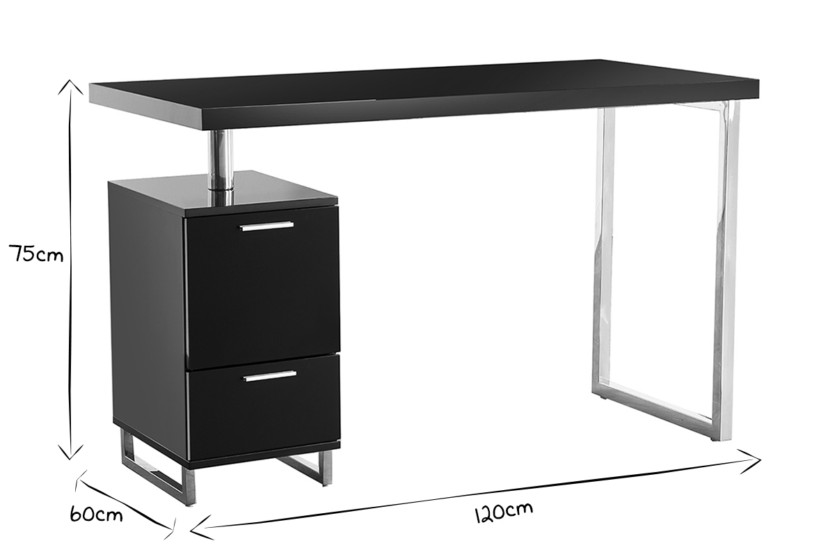 Bureau design laqu� brillant noir 2 tiroirs LEXI