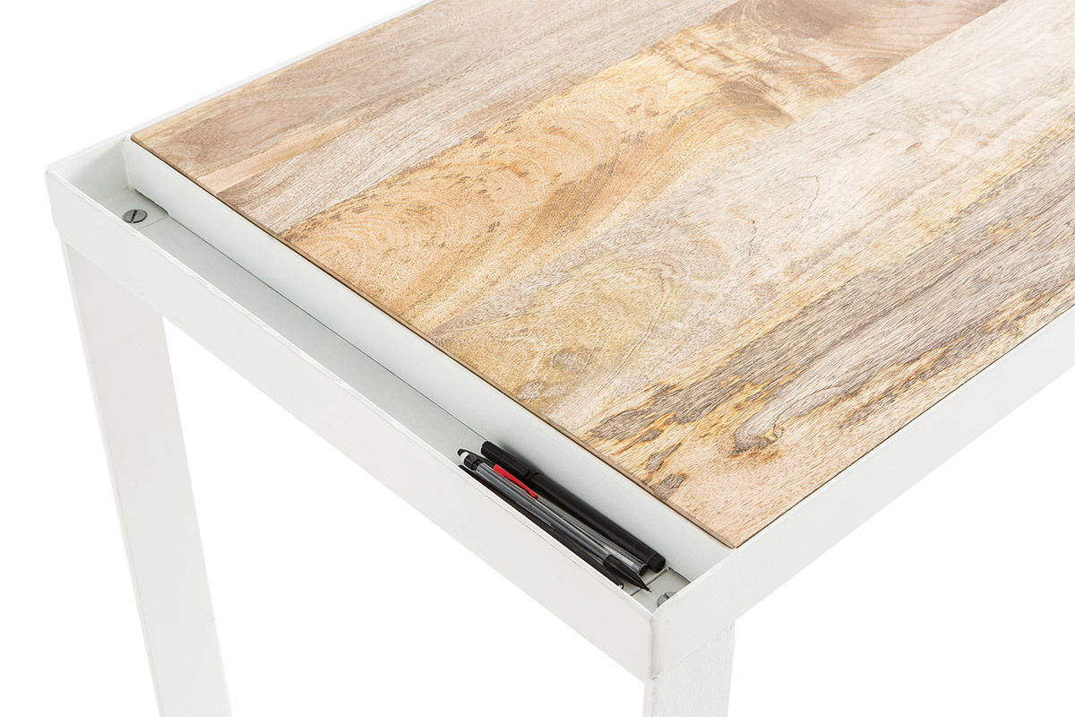 Bureau en manguier massif et m�tal blanc L153 cm PUKKA