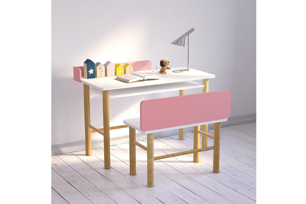 Bureau enfant avec banc rose et bois clair BERTY
