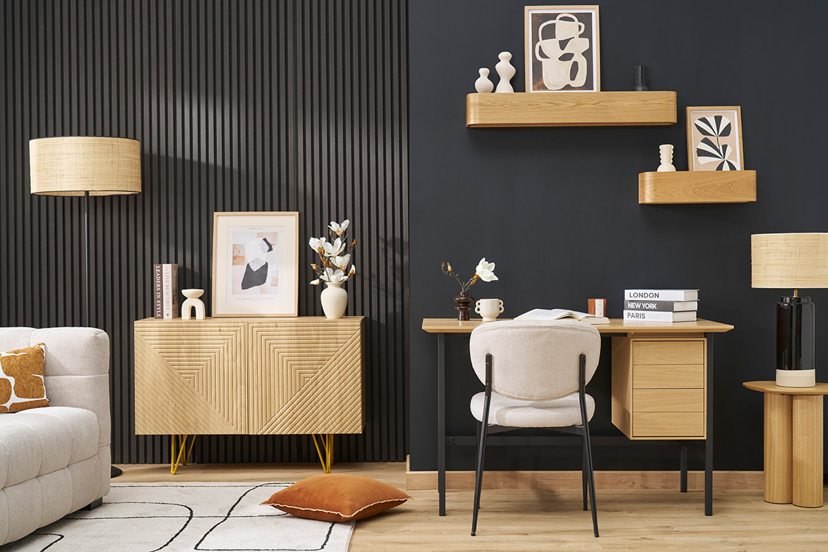 Bureau industriel finition bois chne et mtal noir avec rangements 2 tiroirs L120 cm MAXENCE