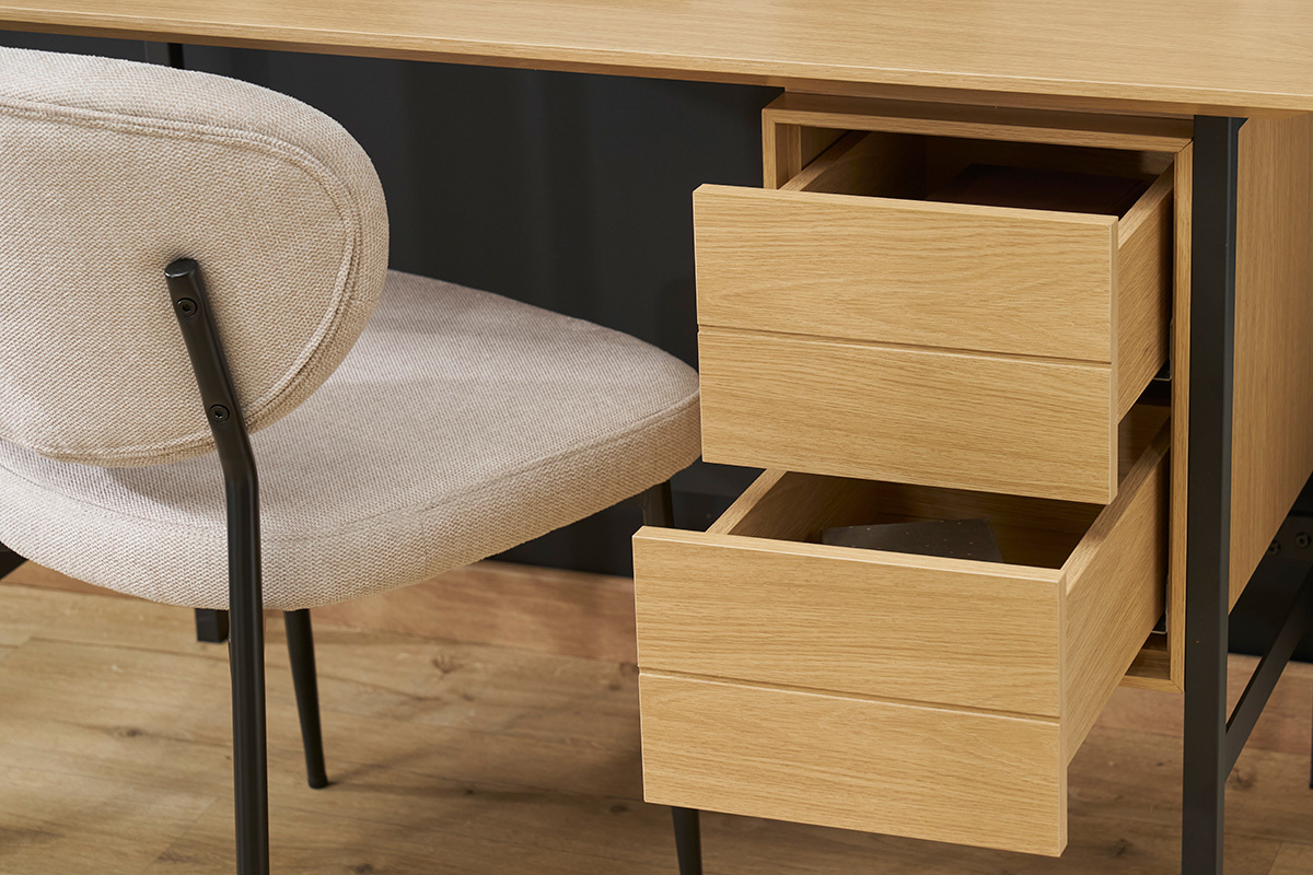 Bureau industriel finition bois chne et mtal noir avec rangements 2 tiroirs L120 cm MAXENCE