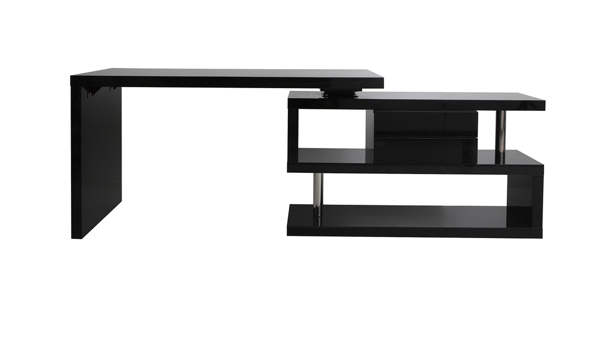 Bureau modulable design avec rangements 2 tiroirs noir laqué L140-218 cm MAX