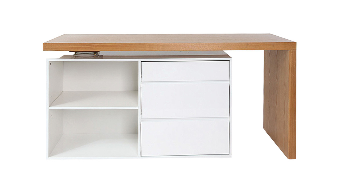 Bureau modulable design blanc brillant et bois clair frêne L160-235 cm NEW MAX