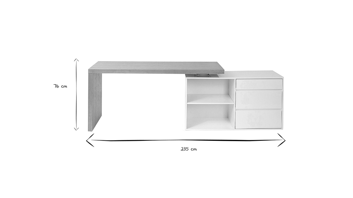 Bureau modulable design blanc brillant et bois clair frêne L160-235 cm NEW MAX