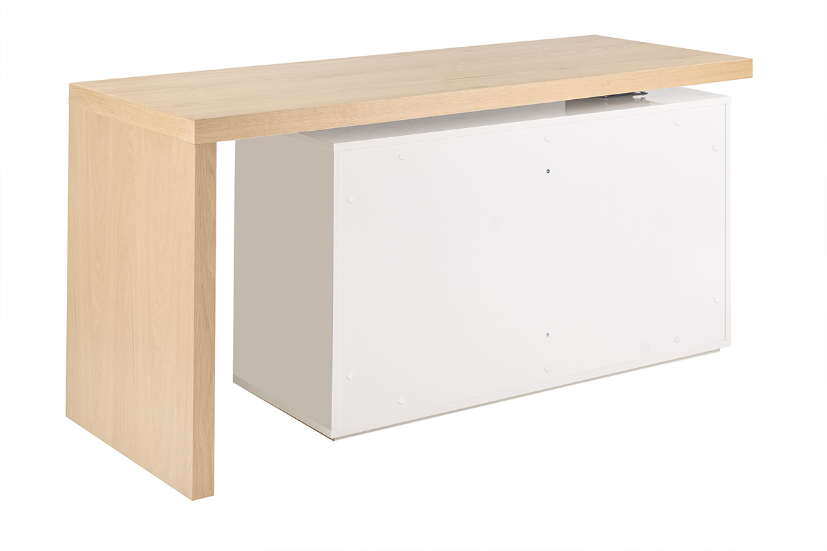 Bureau modulable blanc et bois, vue de dos 3/4, L160-235 cm.