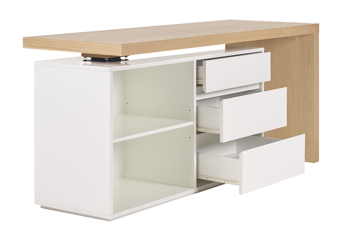 Bureau modulable blanc et bois avec trois tiroirs et deux niches, vue lat�rale.