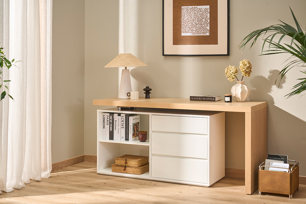 Bureau modulable design blanc brillant et bois clair fr�ne L160-235 cm NEW MAX