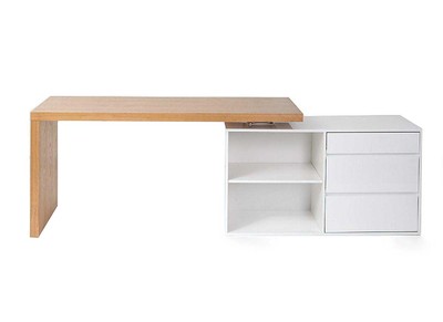 Bureau modulable design blanc brillant et bois clair frêne L160-235 cm NEW MAX