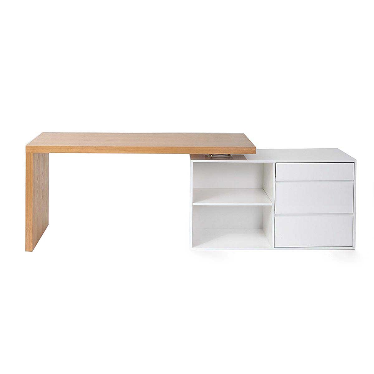 Bureau modulable design blanc brillant et bois clair L160-235 cm NEW MAX vue1