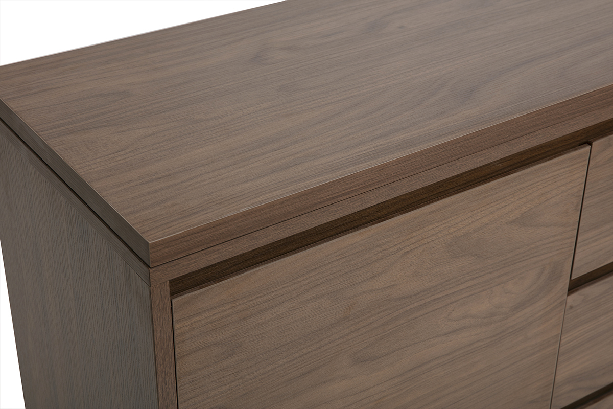Bureau modulable en bois fonc� noyer, vue de dessus, avec finition lisse et rangement int�gr�.