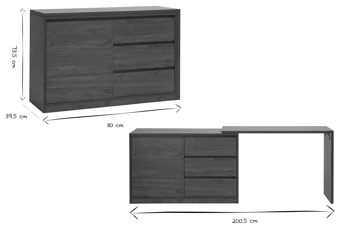 Dimensions du bureau modulable CONRAD en noir et blanc : 110 cm � 200.5 cm de long, 39.5 cm de large, 73.5 cm de haut.