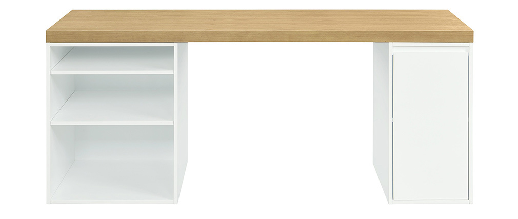 Bureau scandinave avec tiroir et caisson ouvert blancs RACKEL