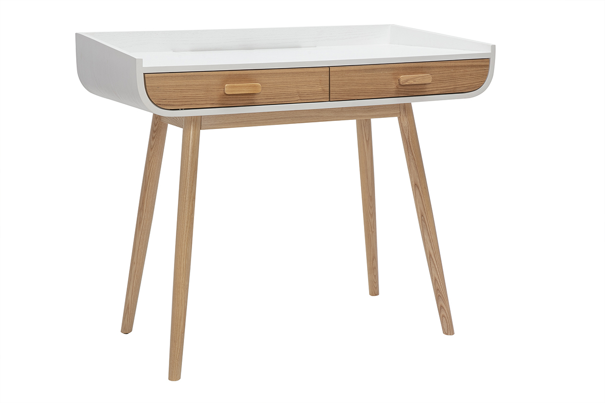 Bureau scandinave blanc et bois clair avec rangements 2 tiroirs L100 cm HALLEN