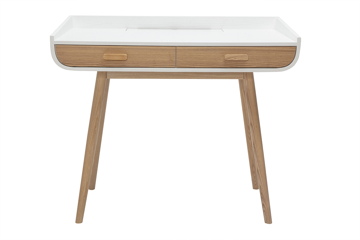 Bureau scandinave blanc et bois clair avec rangements 2 tiroirs L100 cm HALLEN