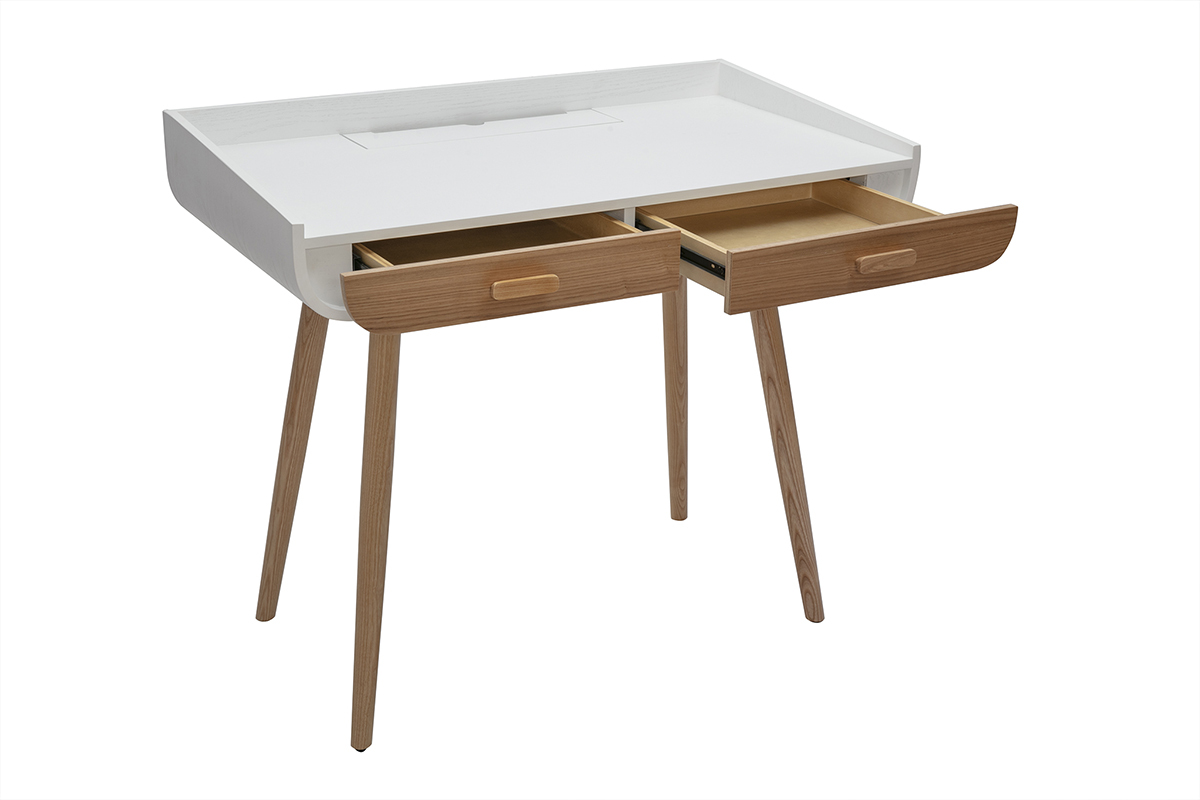 Bureau scandinave blanc et bois clair avec rangements 2 tiroirs L100 cm HALLEN