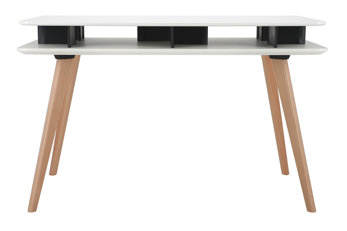 Bureau scandinave blanc et noir avec rangements et pieds en bois LEVY