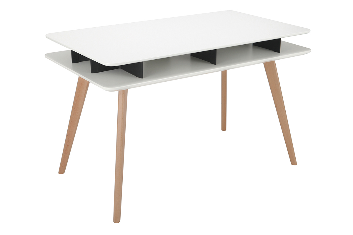 Bureau scandinave blanc et noir avec rangements et pieds en bois LEVY