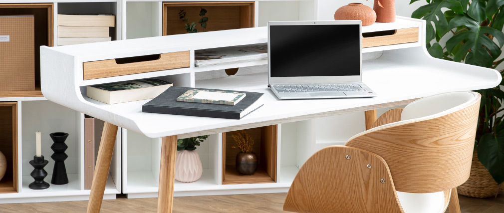 Bureau scandinave bois et blanc 2 tiroirs L140 cm OPUS - Miliboo