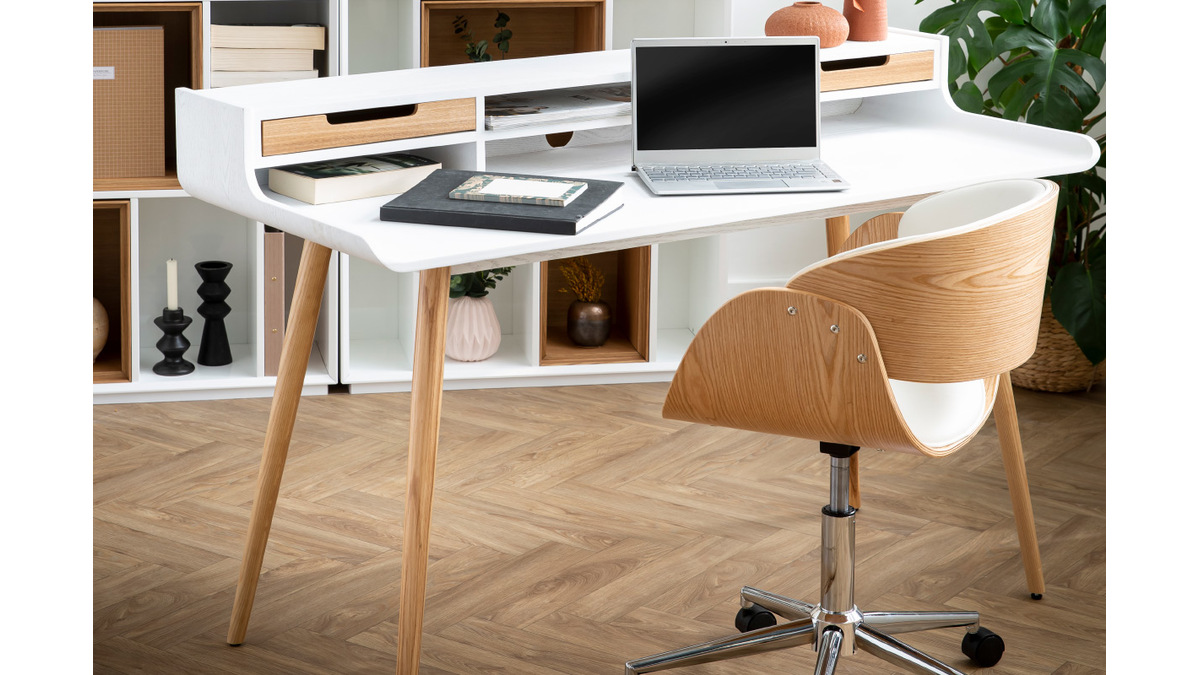 Bureau scandinave bois et blanc 2 tiroirs L140 cm OPUS - Miliboo