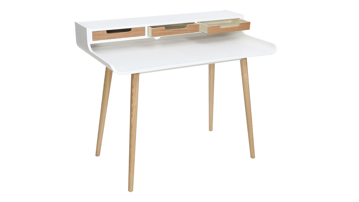 Bureau Scandinave Hugo Blanc Et Bois - 3 Tiroirs Et Niche - 90x45x75 Cm