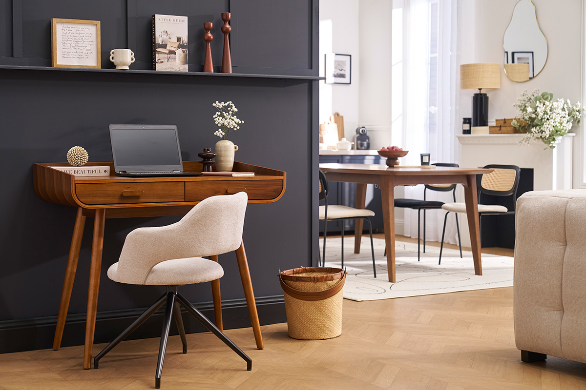 Bureau scandinave bois fonc avec rangements 2 tiroirs L100 cm HALLEN