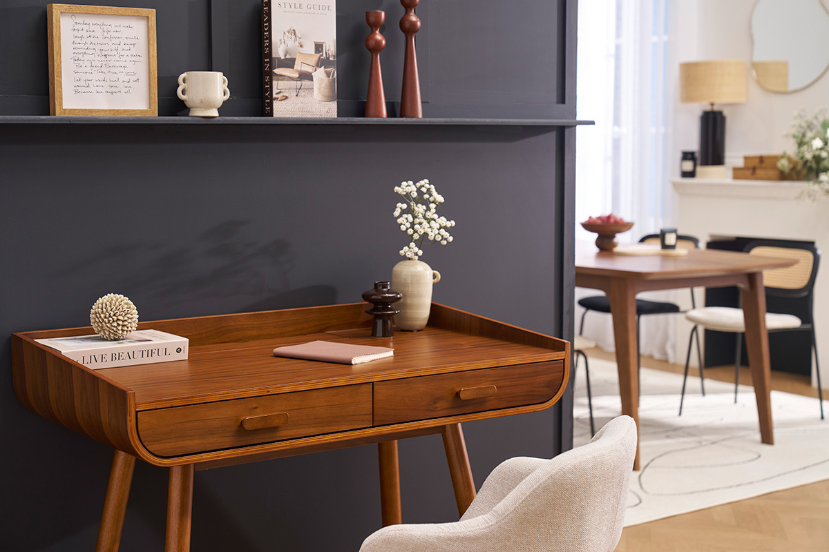 Bureau scandinave bois fonc avec rangements 2 tiroirs L100 cm HALLEN