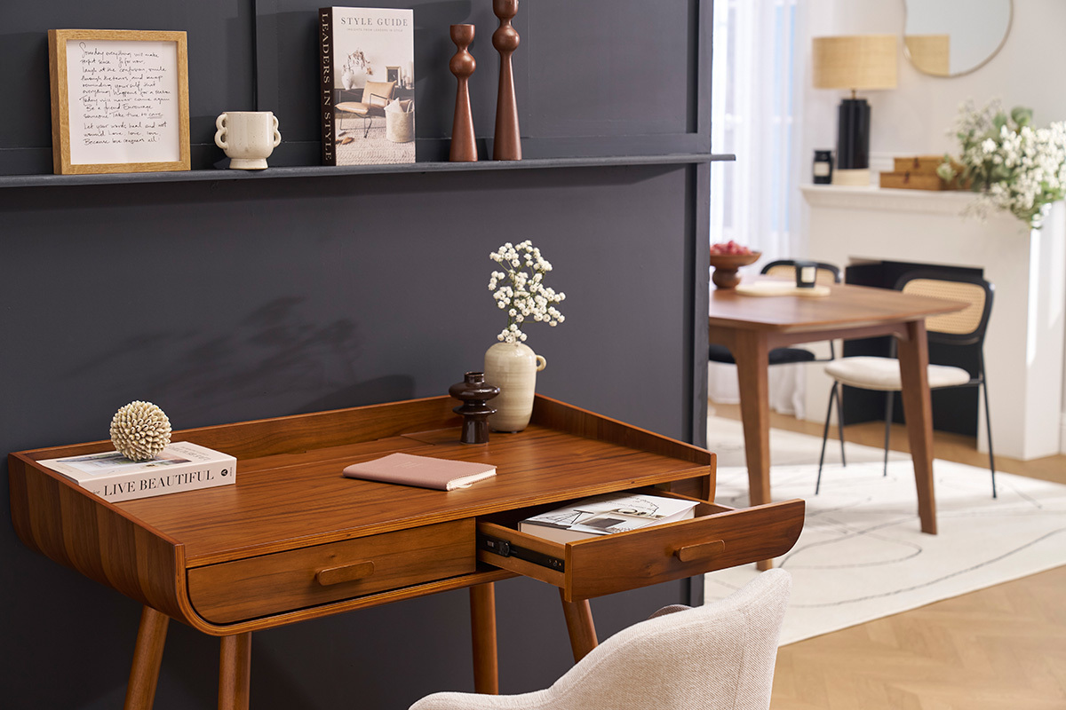 Bureau scandinave bois fonc avec rangements 2 tiroirs L100 cm HALLEN