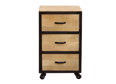 Caisson de bureau à roulettes 3 tiroirs industriel bois massif et métal noir INDUSTRIA