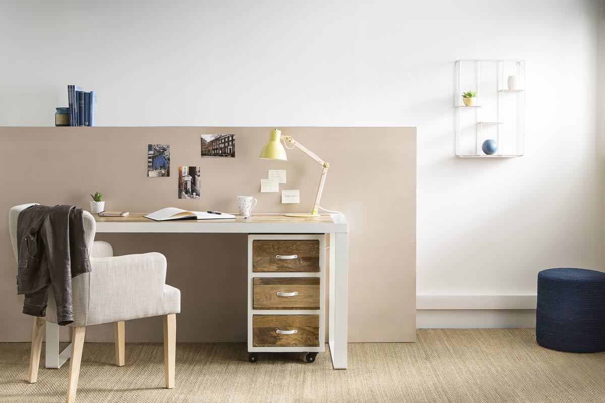 Caisson de bureau industriel en manguier massif et m�tal blanc PUKKA