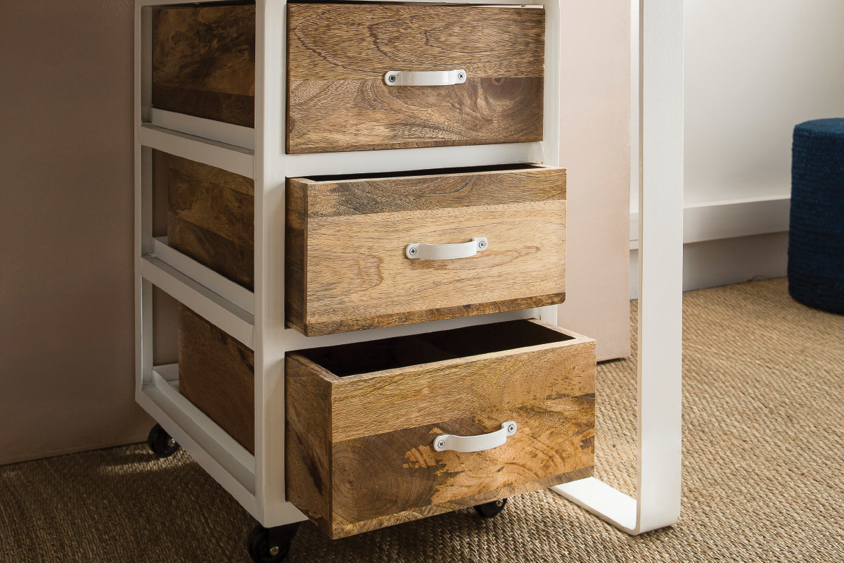 Caisson de bureau industriel en manguier massif et m�tal blanc PUKKA