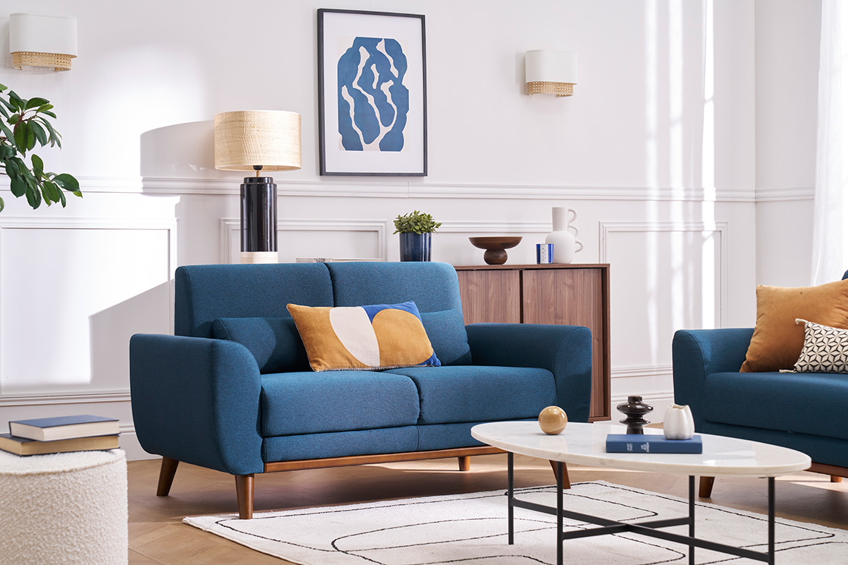 Canap 2 places en tissu bleu fonc et bois fonc EKTOR