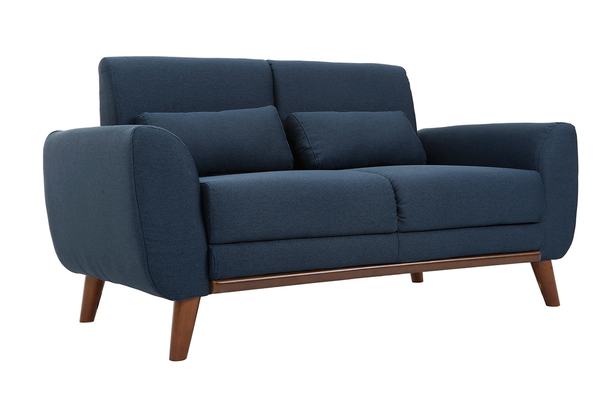 Canap 2 places en tissu bleu fonc et bois fonc EKTOR