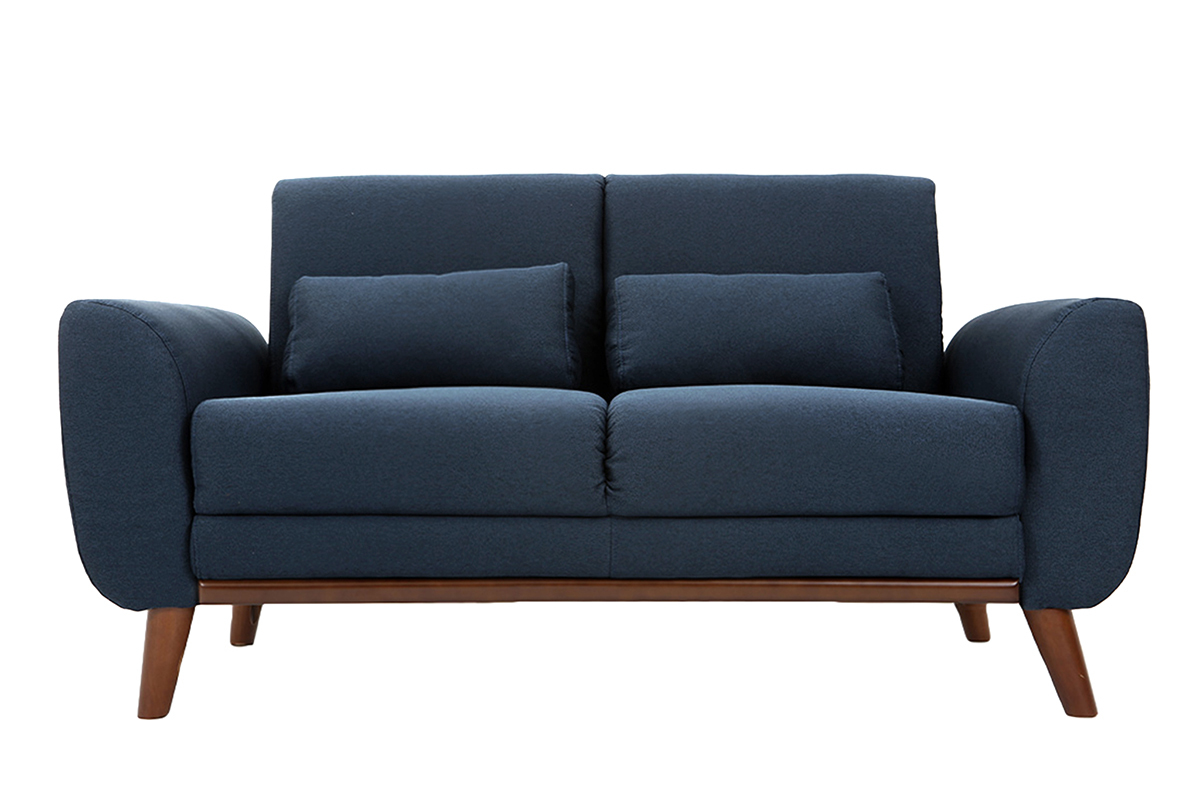 Canap 2 places en tissu bleu fonc et bois fonc EKTOR