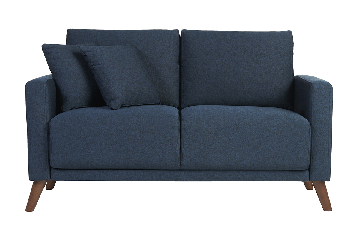 Canap 2 places en tissu bleu fonc et bois fonc MUNIK