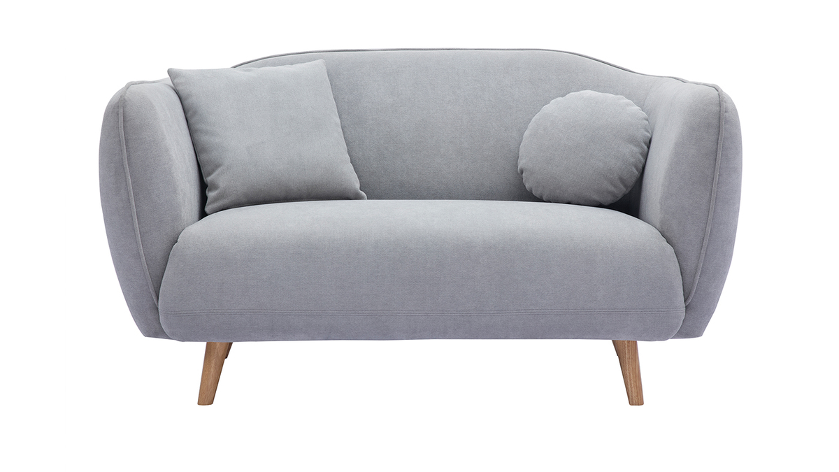 Canapé 2 places en tissu effet velours gris clair et bois clair FOLK