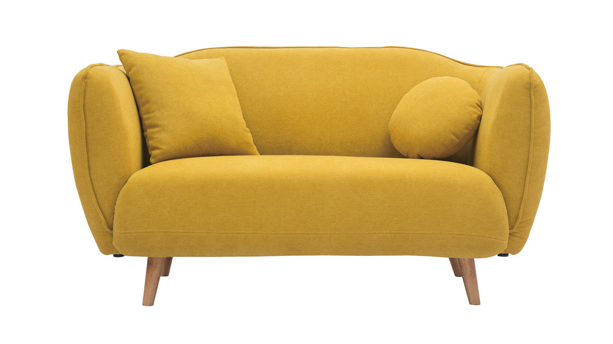 Canapé 2 places en tissu effet velours jaune moutarde et bois clair FOLK