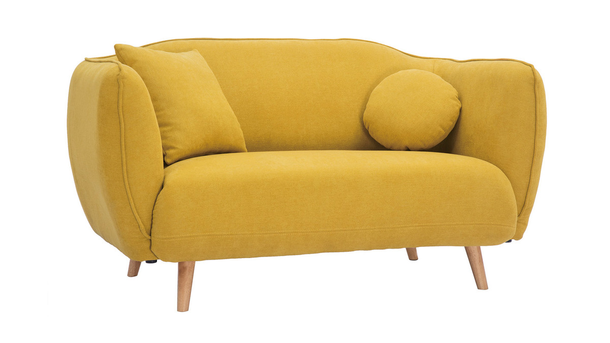 Canapé 2 places en tissu effet velours jaune moutarde et bois clair FOLK